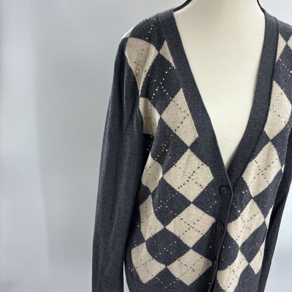 Banana Republic Womens Size M Cardigan Sweater Gray Beige Argyle Knit Button - Picture 2 of 8
